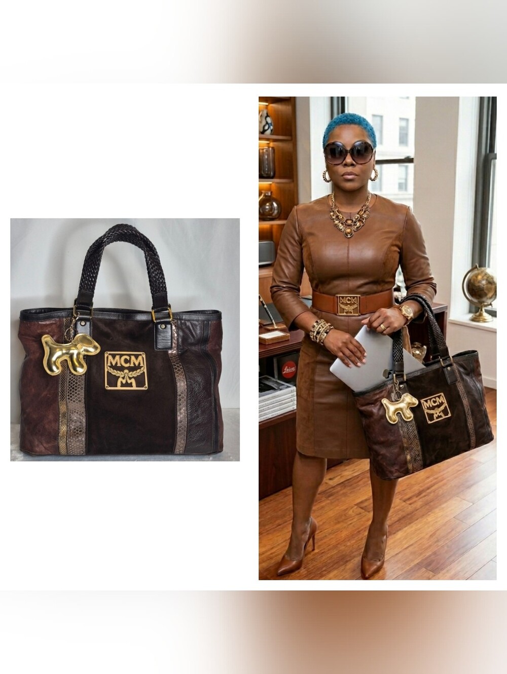 MCM Black and Brown Suede Leather Tote